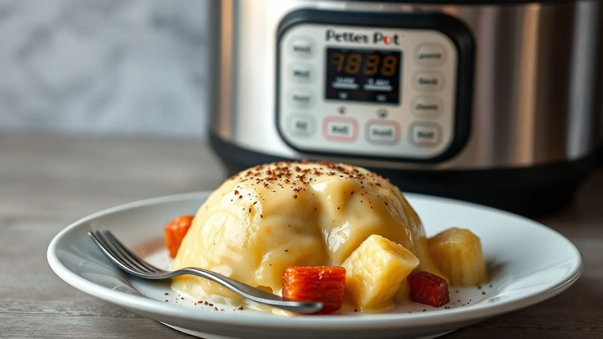 Pudim de panela de pressão cremoso, fatia perfeita com calda caramelizada, em prato decorado.