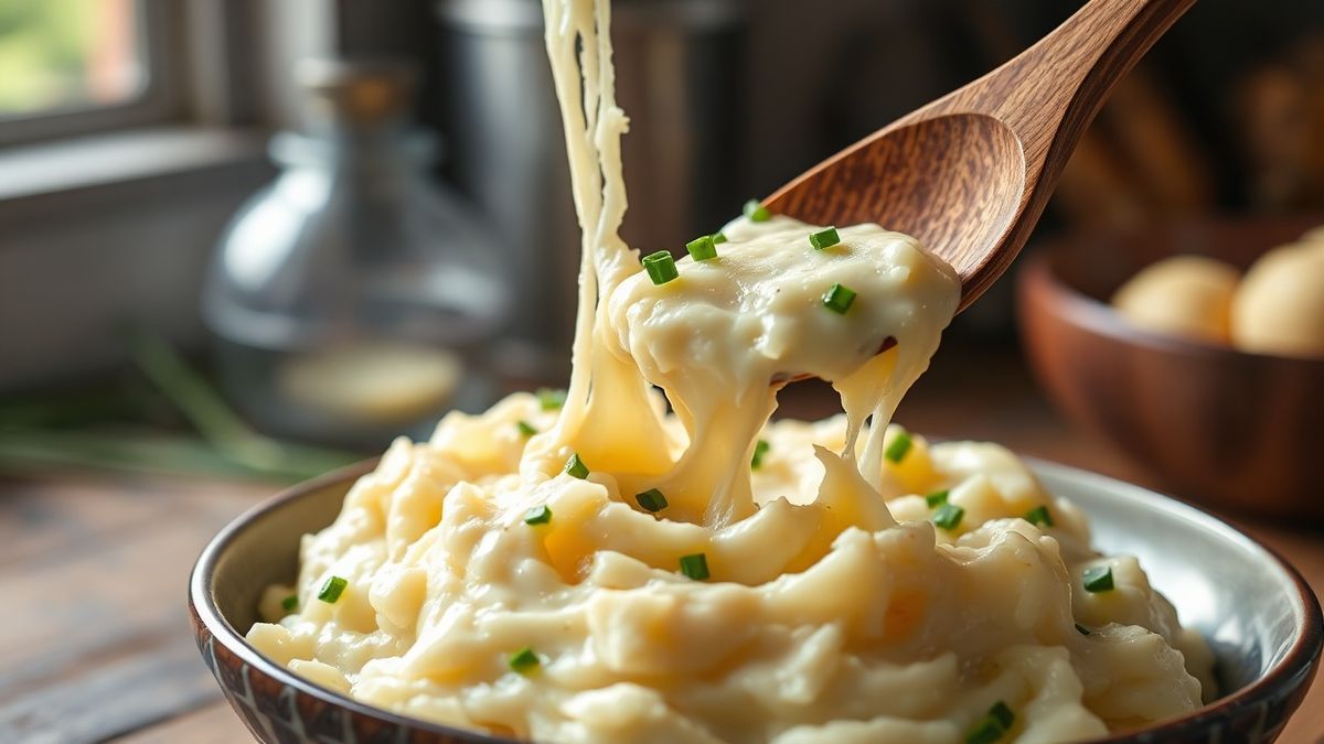 Purê de batata servido em uma tigela de cerâmica com fios de queijo puxando