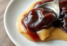 Recheio escuro, brilhante e cremoso, com textura espessa de ameixa incorporada ao doce de leite, ideal para bolo