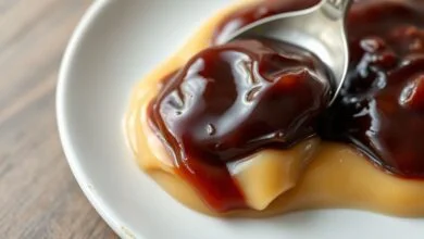 Recheio escuro, brilhante e cremoso, com textura espessa de ameixa incorporada ao doce de leite, ideal para bolo