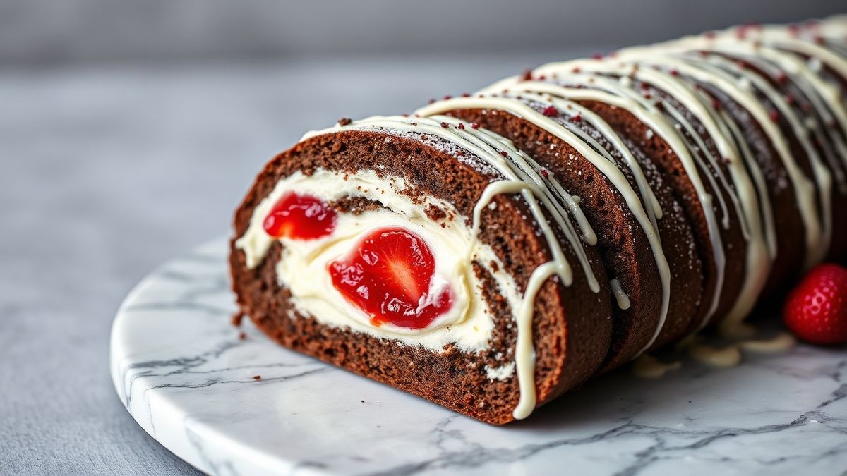 Rocambole de chocolate fatiado revelando recheio cremoso de leite em pó e geleia de morango