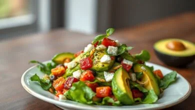 Prato colorido de salada de abacate salgada, bem apresentado com tomates e coentro, regado com azeite.