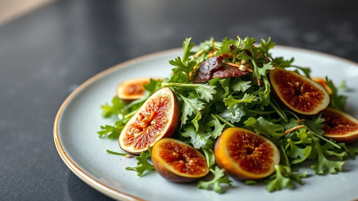 Salada de figo com rúcula elaborada, apresentando figos suculentos, queijo de cabra e nozes.