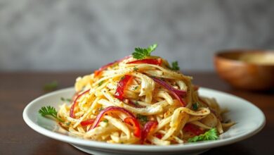 Uma salada de repolho fresca e crocante, apresentada em uma tigela colorida, com cenouras e ervas salpicadas.