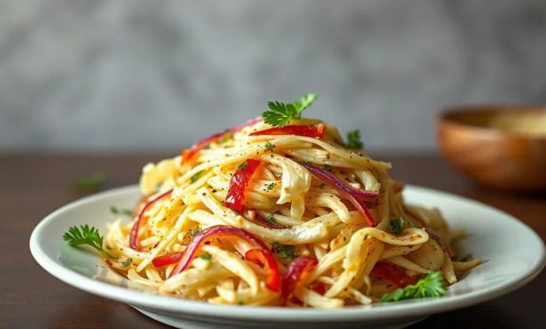Uma salada de repolho fresca e crocante, apresentada em uma tigela colorida, com cenouras e ervas salpicadas.