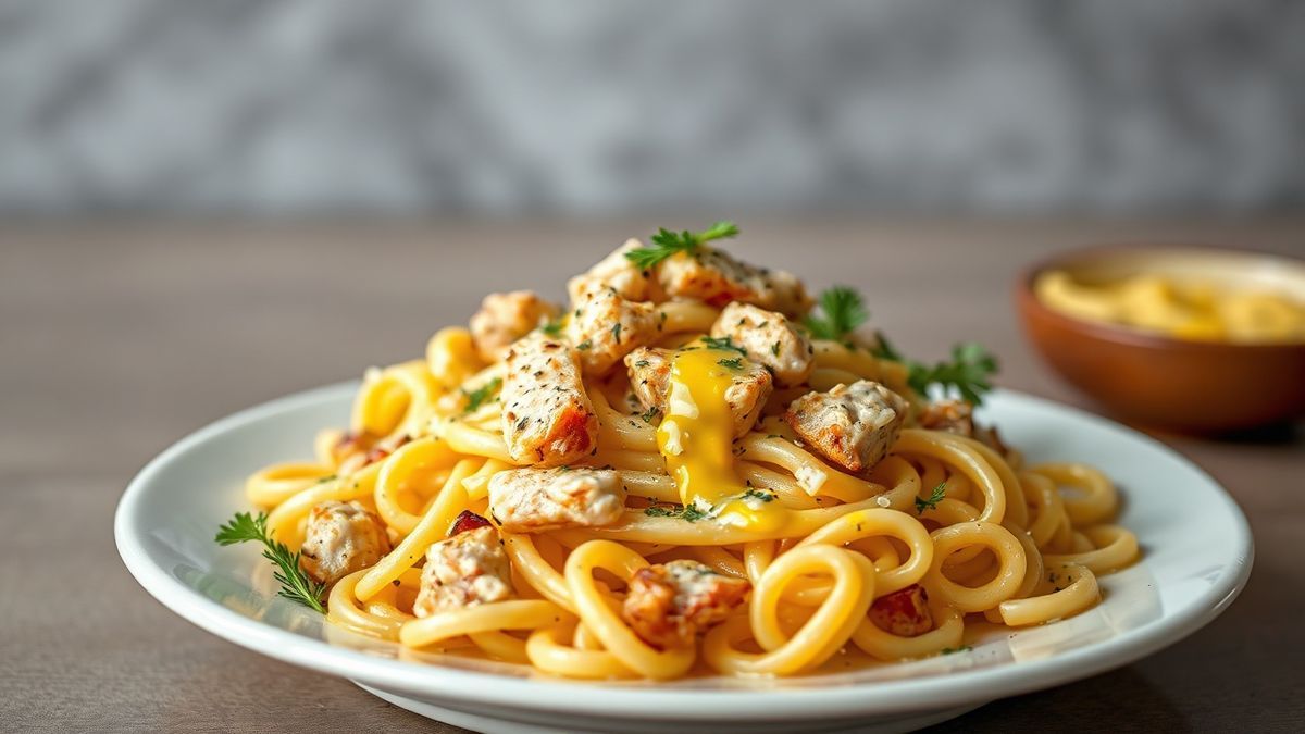 Prato de salada fria de macarrão com frango, tomate cereja, mussarela e molho cítrico, apresentado em tigela branca sobre mesa rústica.