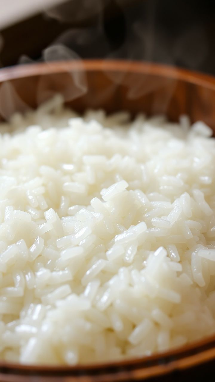 Arroz de sushi brilhante e soltinho em tigela de madeira