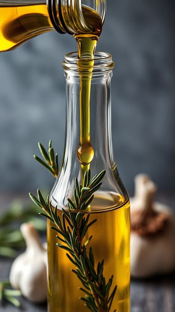 Garrafa de vidro com azeite dourado, alecrim e alho