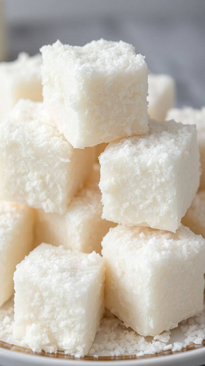 Cubos brancos e macios de bala de coco cobertos com flocos de coco