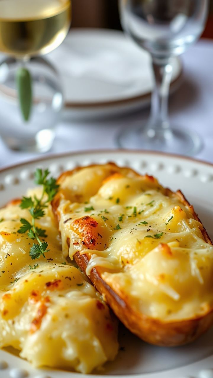 Um prato de batata gratinada perfeitamente assada, com queijo derretido e bem dourado, servido em uma mesa elegante.