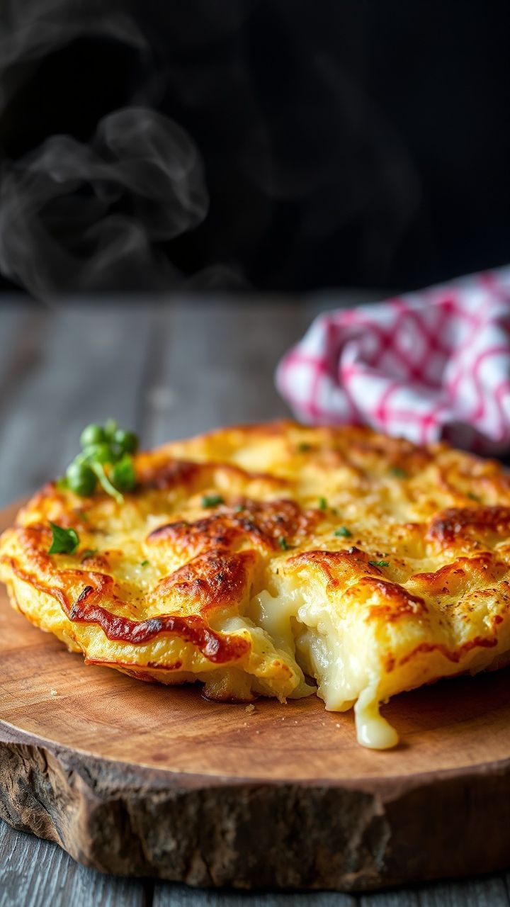 Batata rosti perfeitamente dourada e circular servida em uma tábua rústica