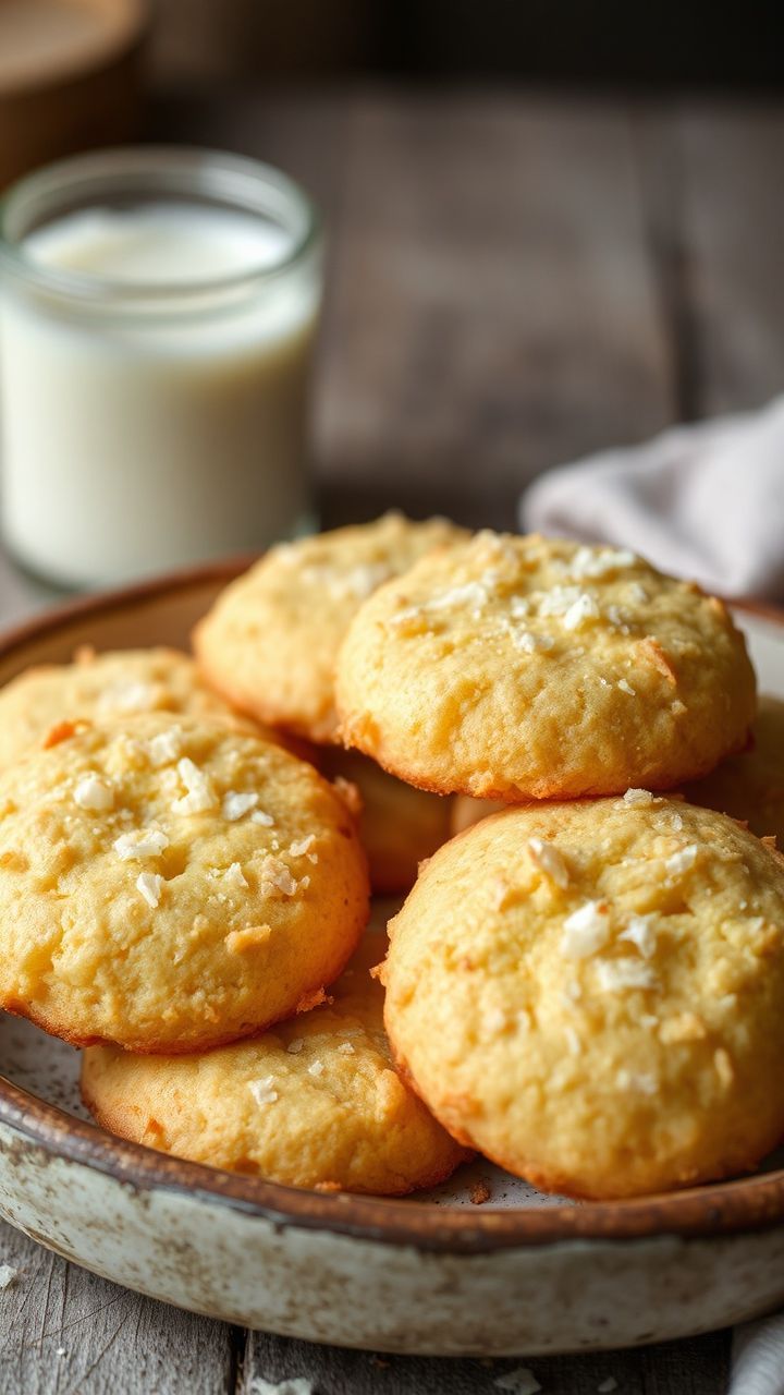 Biscoitinhos de coco dourados, crocantes por fora e macios por dentro, servidos em um prato rústico