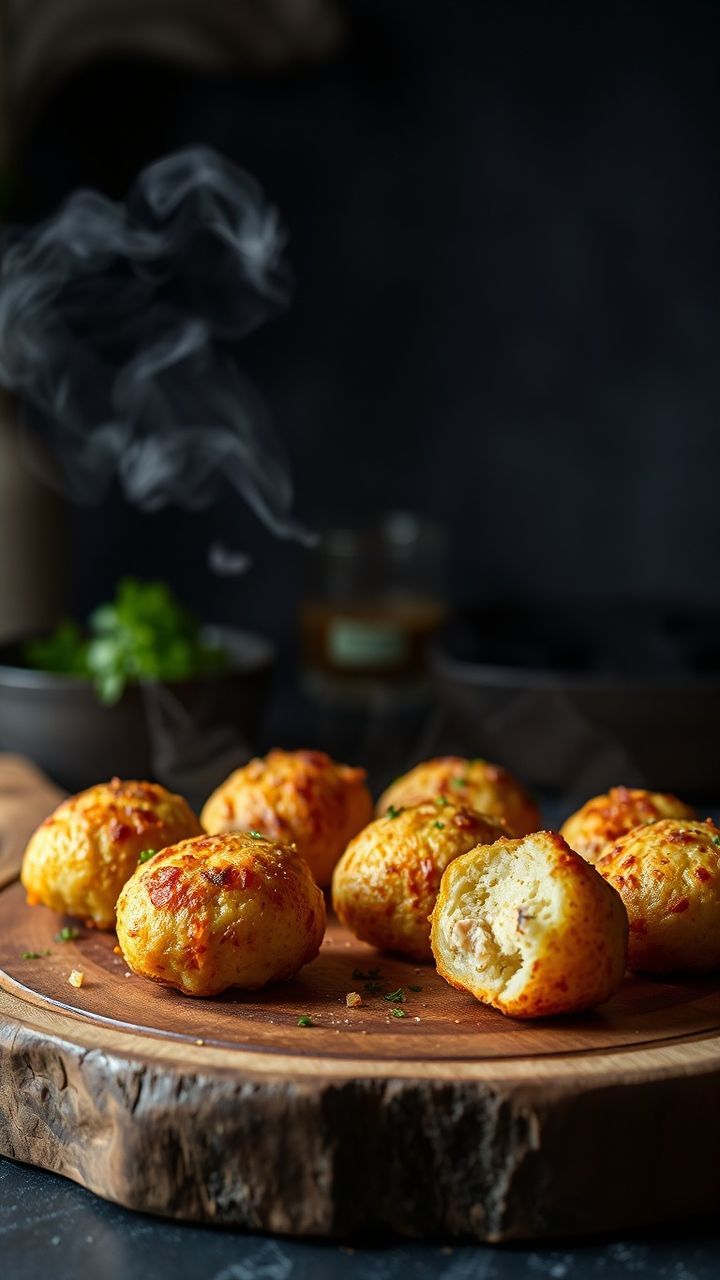 Bolinhos de batata recheados dourados e crocantes sobre tábua de madeira rústica