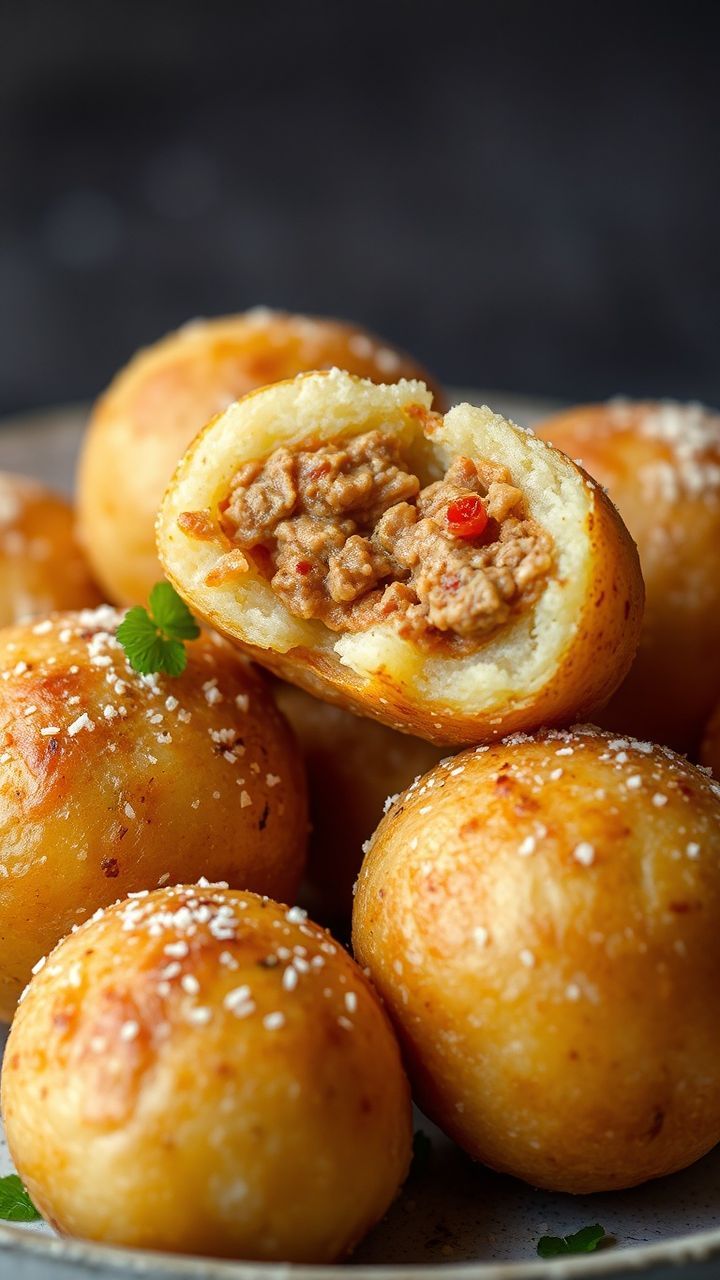 Bolinho de batata recheado crocante e suculento