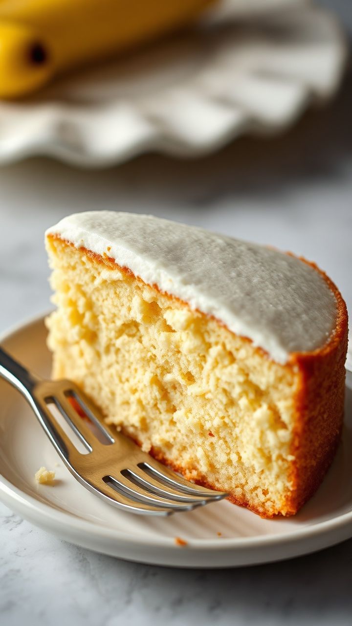 Fatia de bolo de banana fofinho em um prato, com casquinha dourada e garfo ao lado