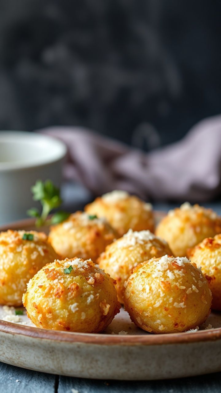 Bolinhas low carb douradas com casquinha de parmesão, servidas quentes