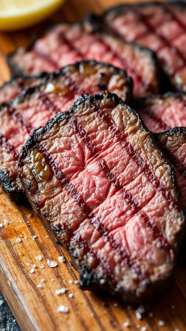 Fatias de carne grelhada suculenta em uma tábua de madeira