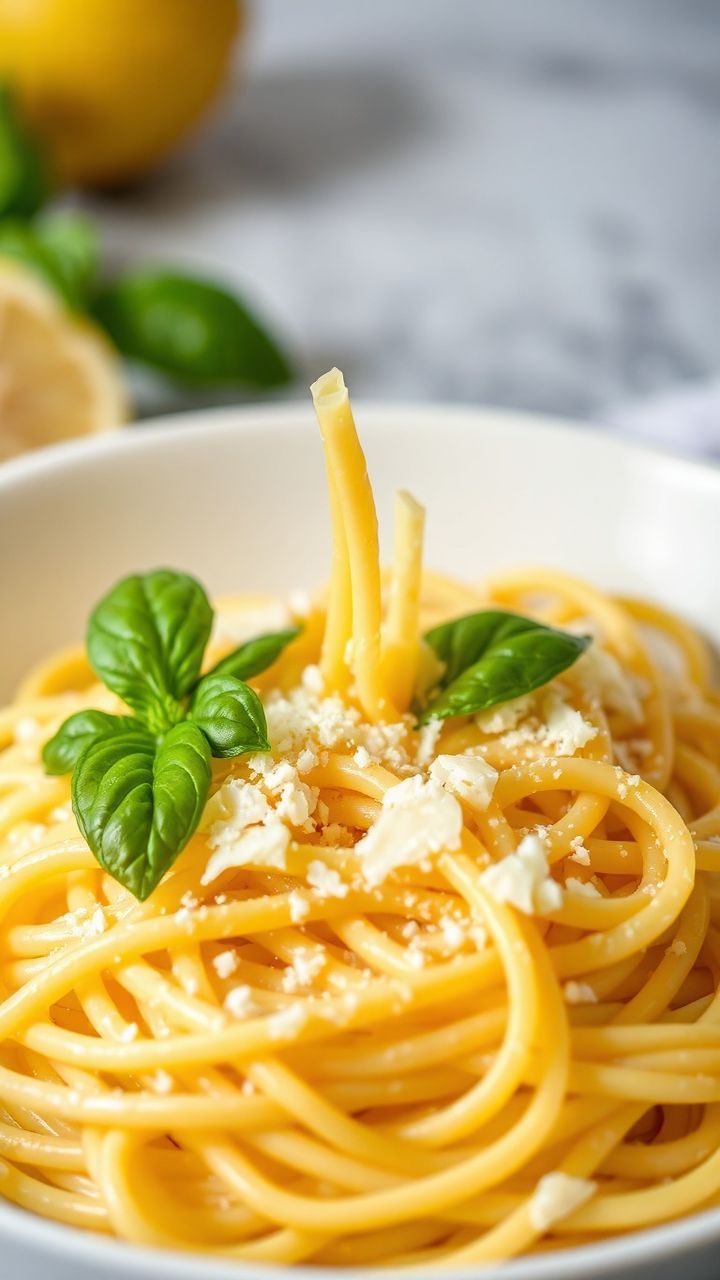 Espaguete ao limão cremoso em tigela branca com parmesão e manjericão