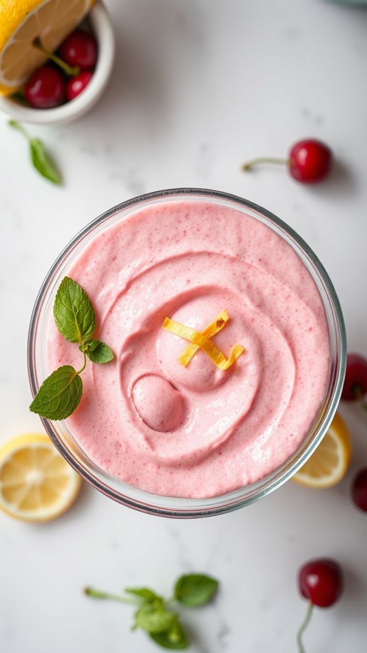 Mousse aerada de cereja servida em taça, com textura leve e cor vibrante.