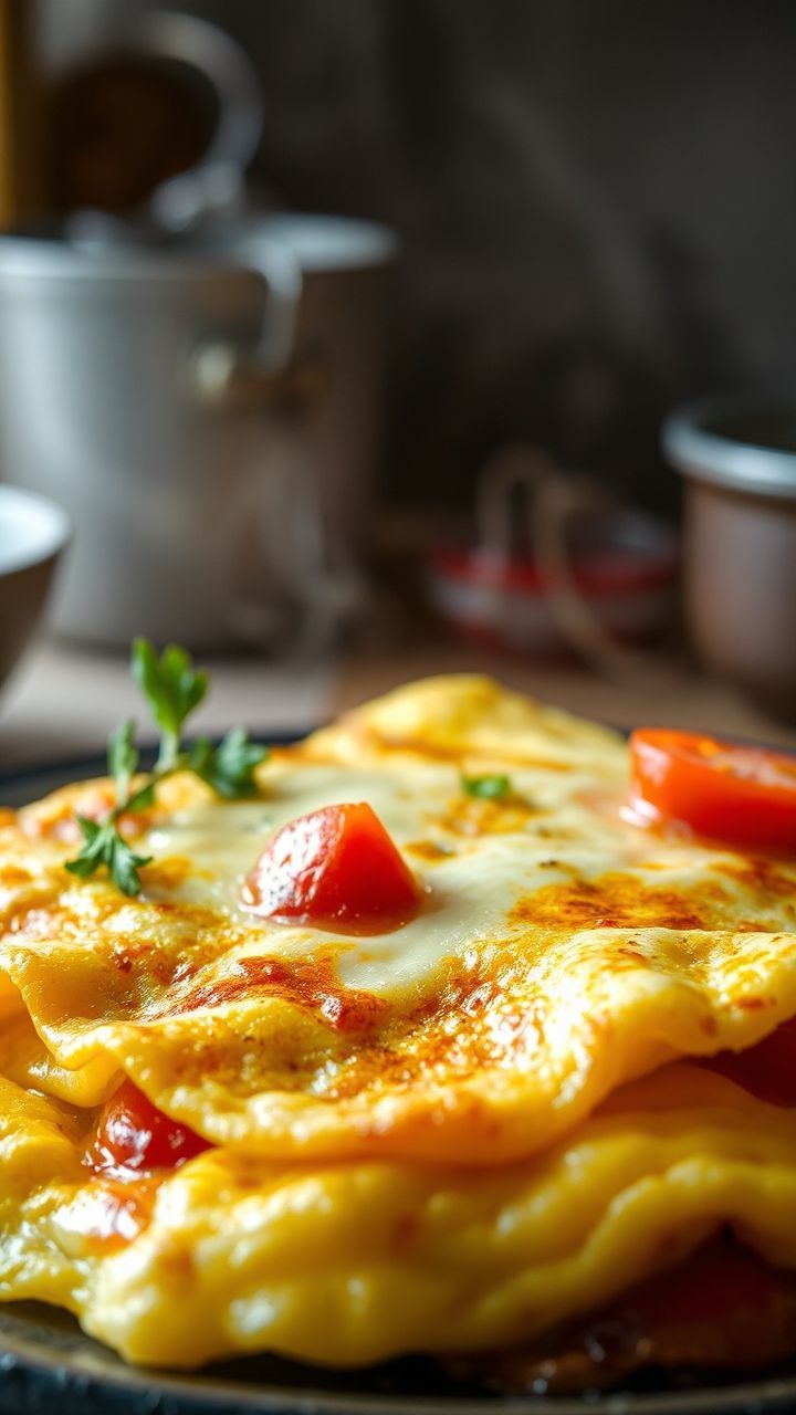 omelete dourada com queijo derretido e legumes em prato