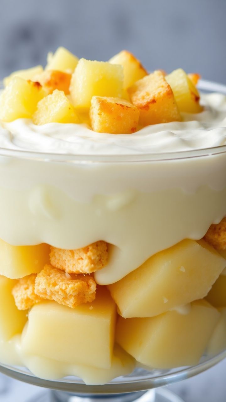Travessa de vidro com camadas de creme e abacaxi