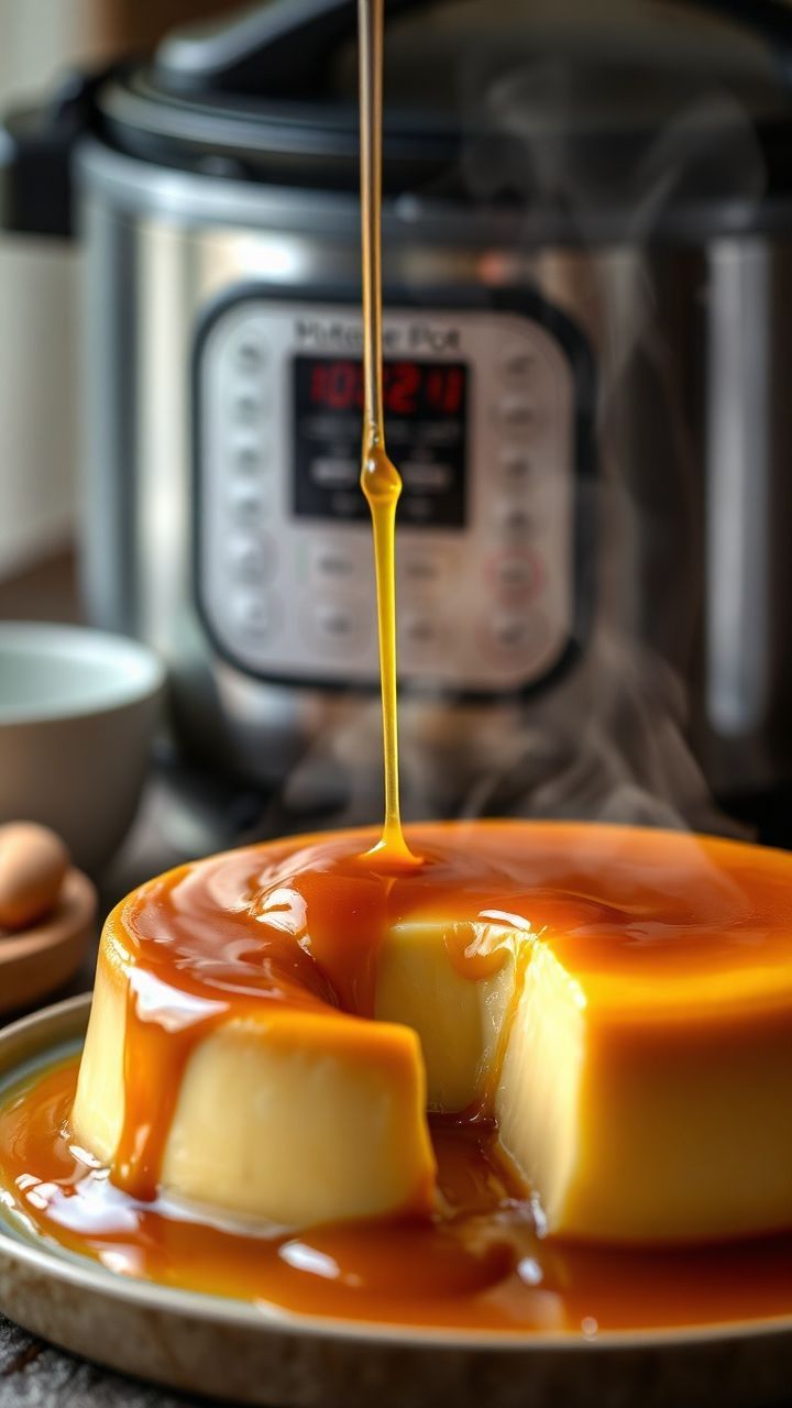 Pudim cremoso de panela de pressão com calda caramelizada.