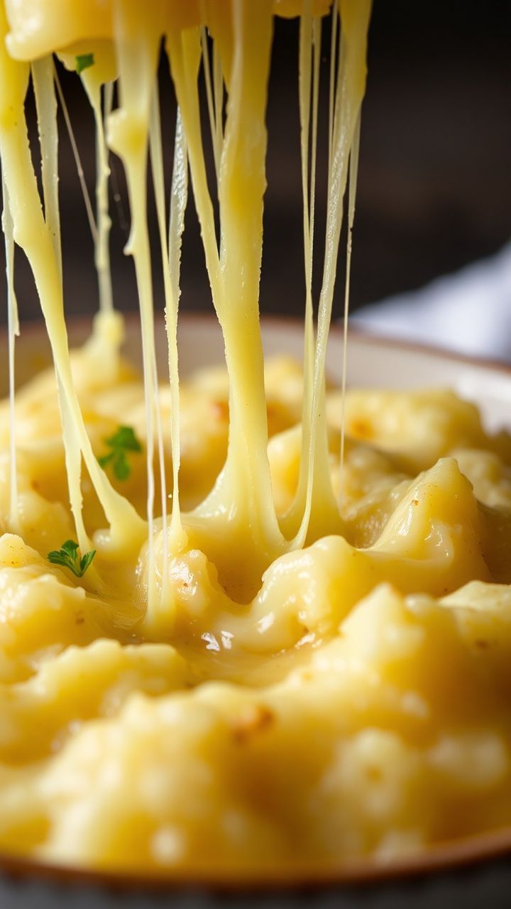 Purê de batata com fios de queijo puxando