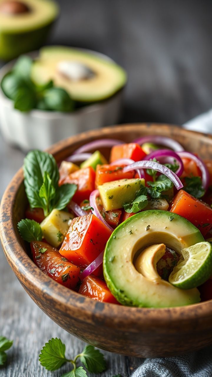 Salada de abacate salgada cremosa em uma tigela, com tomate, cebola roxa e ervas frescas.