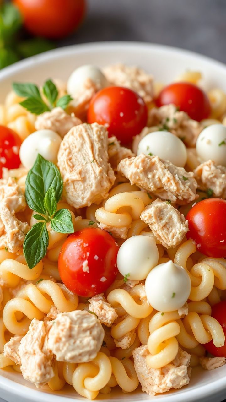 Prato de salada fria de macarrão com frango, tomate cereja e mussarela, apresentado em tigela branca sobre mesa rústica.