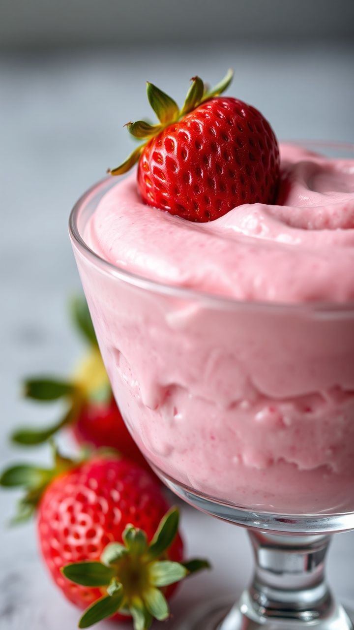 Taça de vidro com mousse de morango rosa cremoso