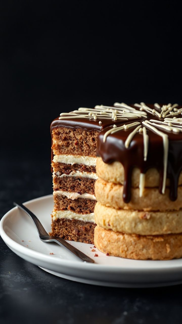 Torta alemã fatiada com cobertura de chocolate e decoração de chocolate branco
