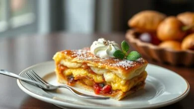 Torta alemã perfeitamente montada, com camadas cremosas e cobertura de chocolate brilhante, servida em prato elegante.