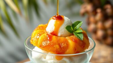 Rodela de abacaxi caramelizado dourado e brilhante, servida morna sobre uma bola generosa de creme gelado de coco branco e aerado, com gotas de caramelo escorrendo.