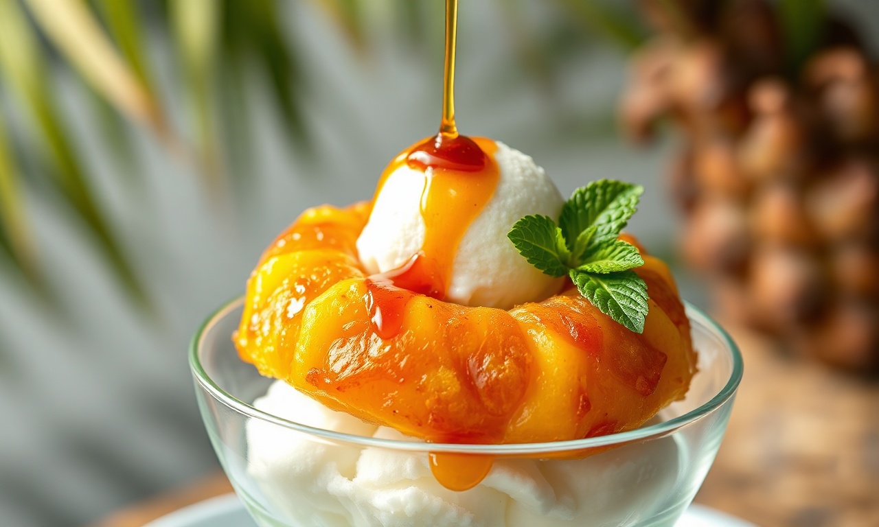 Abacaxi Caramelizado Com Creme Gelado De Coco: Pronto Em 30 Min 3 Rodela de abacaxi caramelizado dourado e brilhante, servida morna sobre uma bola generosa de creme gelado de coco branco e aerado, com gotas de caramelo escorrendo.