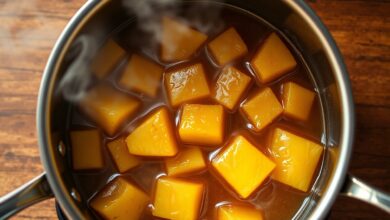Cubos de abacaxi caramelizados, dourados e macios em uma calda espessa, prontos para usar em sobremesas.