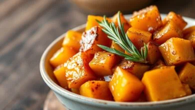 Cubos dourados de abóbora butternut com crosta caramelizada de maple syrup, canela e noz-moscada, macios por dentro e crocantes nas bordas.