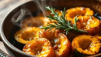 Fatias douradas e caramelizadas de abóbora assada, perfumadas com alecrim e tomilho, prontas para servir.