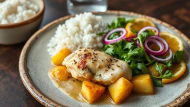 Um prato principal de bacalhau com batatas servido com arroz branco e salada fresca de rúcula e laranja.
