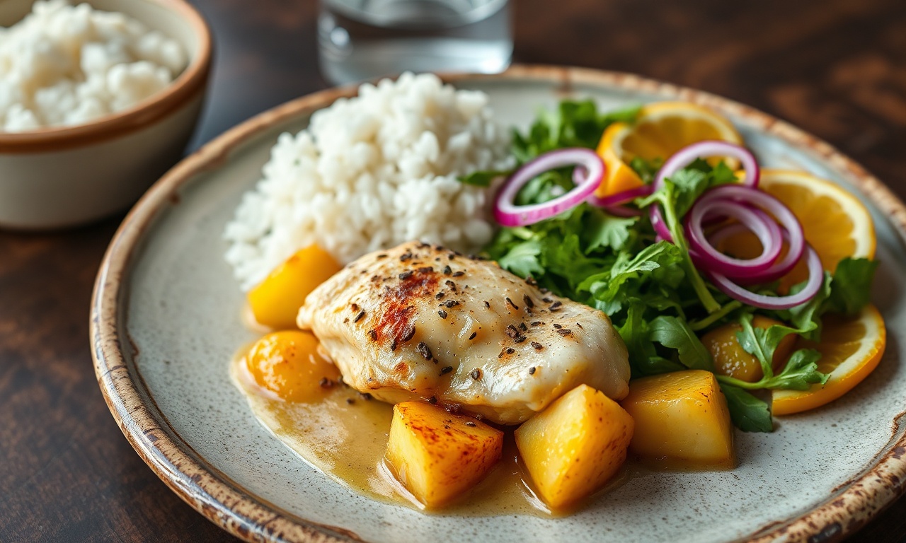 Um prato principal de bacalhau com batatas servido com arroz branco e salada fresca de rúcula e laranja.