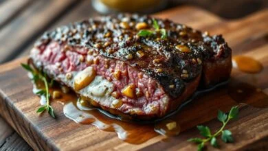 Bifes de alcatra com crosta dourada de mostarda Dijon caramelizada, fatiados e regados com manteiga e alho, servidos em tábua rústica.