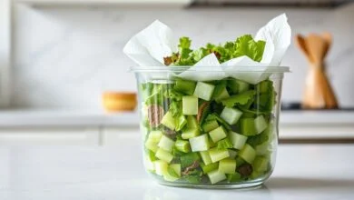 Pote hermético transparente com camadas de alface picada crocante e folhas de papel-toalha, pronto para ir à geladeira.