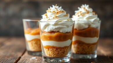 Sobremesa elegante em camadas com base crocante de biscoito, doce de leite intenso e creme batido, finalizada com coco ralado.