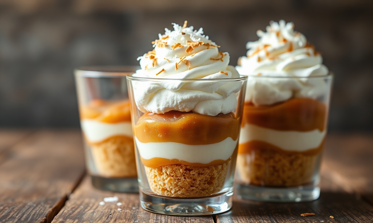 Sobremesa elegante em camadas com base crocante de biscoito, doce de leite intenso e creme batido, finalizada com coco ralado.