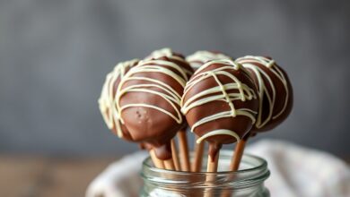 Alfajores no palito com cobertura de chocolate ao leite brilhante e decoração de chocolate branco, prontos para servir.