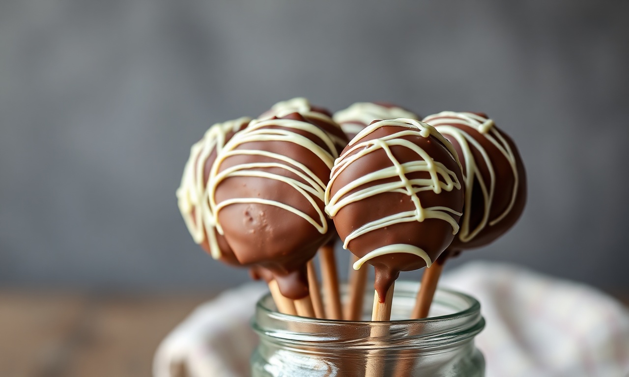 Alfajores no palito com cobertura de chocolate ao leite brilhante e decoração de chocolate branco, prontos para servir.