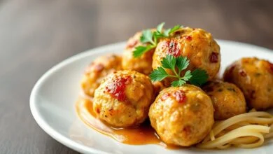 Almôndegas de frango douradas e crocantes, perfeitamente redondas, servidas em um prato branco com folhas de salsa fresca.