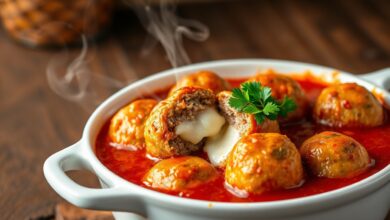 Almôndegas douradas e redondas cobertas por molho de tomate borbulhante, com muçarela derretida escapando de uma almôndega cortada ao meio, finalizadas com salsinha fresca picada
