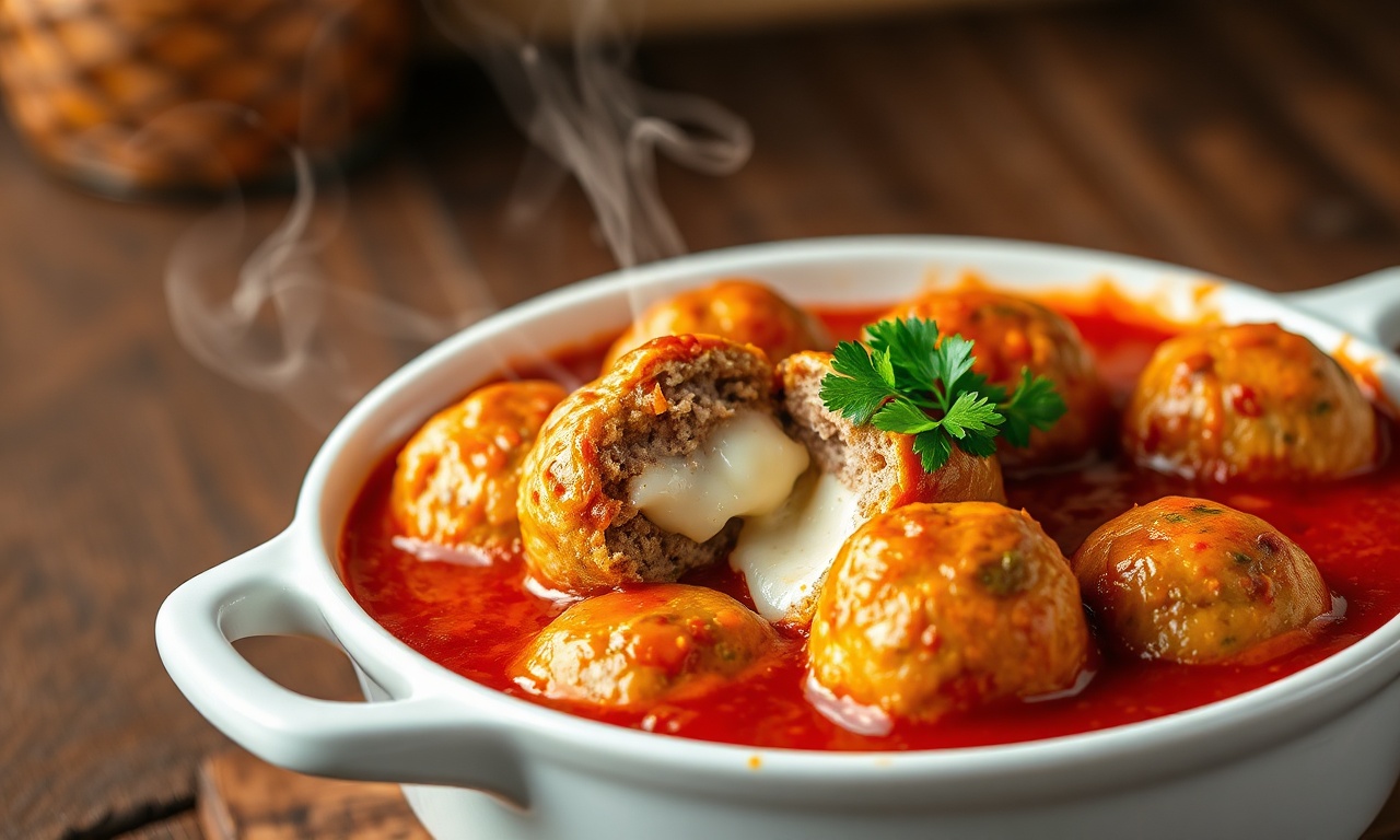 Almôndegas Recheadas Com Queijo: Fofas E Prontas Em 40 Min 3 Almôndegas douradas e redondas cobertas por molho de tomate borbulhante, com muçarela derretida escapando de uma almôndega cortada ao meio, finalizadas com salsinha fresca picada