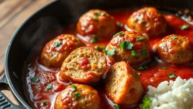 Almôndegas douradas e suculentas em um molho de tomate caseiro, prontas para servir.