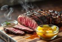Um corte de carne macio e dourado, fatiado para mostrar a textura suculenta por dentro, resultado do amaciante natural de abacaxi.
